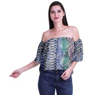 Moomaya Bohem Baskılı Omzu Göbeği Açık Üst Fırfırlı Kol Lavanta Mavisi Kadın Bluz