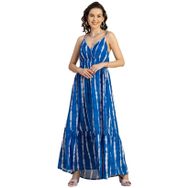 Moomaya Boho Omuz Askılı V Yaka Maksi Baskılı Suni İpek Mavi Royal Blau Kadın Elbise