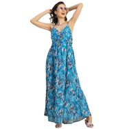 Moomaya Boho Omuz Askılı V Yaka Maksi Baskılı Suni İpek Mavi Sky Blue Kadın Elbise