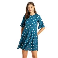 Moomaya Boho Romantik Baskılı Midi Mavi Teal Blue Kadın Elbise