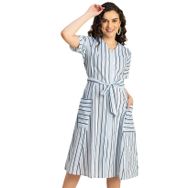 Moomaya Evaze Trendy V Yaka A Kesim Pamuklu Mavi Light Blue Günlük Kadın Elbise