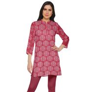 Moomaya Kurti Baskılı Yan Yırtmaçlı Ahır Kırmızısı Kısa Kurta Kadın Tunik