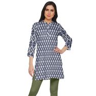 Moomaya Kurti Baskılı Yan Yırtmaçlı Mavi İnci Kısa Kurta Kadın Tunik