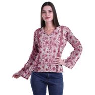 Moomaya Kurti Dantel Detaylı Baskılı Uzun Kollu Gül Pembesi Kurta Kadın Tunik