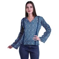 Moomaya Kurti Dantel Detaylı Baskılı Uzun Kollu Mavi Kurta Kadın Tunik