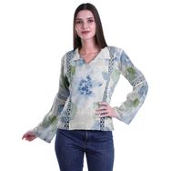 Moomaya Kurti Dantel Detaylı Baskılı Uzun Kollu Tozlu Mavi Kurta Kadın Tunik