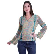 Moomaya Kurti Dantel Detaylı Baskılı Uzun Kollu Turkuaz Mavi Kurta Kadın Tunik