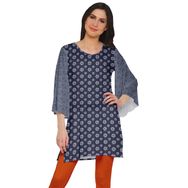 Moomaya Poly Krep Kurtis Baskılı Kimono Kollu Hint Koyu İndigo Kadın Elbise