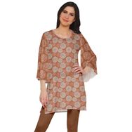 Moomaya Poly Krep Kurtis Baskılı Kimono Kollu Hint Pas Kahverengi 3 Kadın Elbise