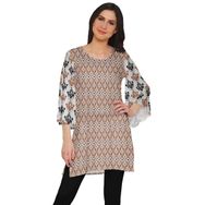 Moomaya Poly Krep Kurtis Baskılı Kimono Kollu Hint Pas Kahverengi Kadın Elbise