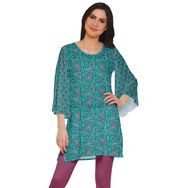 Moomaya Poly Krep Kurtis Baskılı Kimono Kollu Hint Turkuaz Yeşil 2 Kadın Elbise