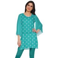 Moomaya Poly Krep Kurtis Baskılı Kimono Kollu Hint Turkuaz Yeşil Kadın Elbise