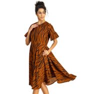Moomaya Rayon Flare Baskılı Regular Fit Pas Kahverengi Kadın Elbise