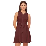Moomaya Rayon Flare V Yaka Fit Kahverengi Kadın Elbise