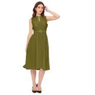 Moomaya Rayon Mandarin Yaka Zarif Kloş Yeşil Olive Green Kadın Elbise