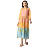 Moomaya Rayon Raglan Kollu Baskılı Katmanlı Çok Renkli Kadın Elbise
