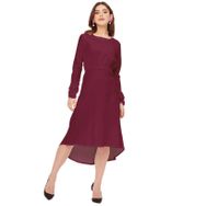 Moomaya Rayon Solid Dar Kesim Yuvarlak Yaka Uzun Kollu Bordo Kadın Elbise