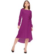 Moomaya Rayon Solid Dar Kesim Yuvarlak Yaka Uzun Kollu Macenta Kadın Elbise