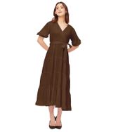 Moomaya Rayon Solid V Yaka Katmanlı Kahverengi Kadın Elbise