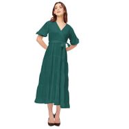 Moomaya Rayon Solid V Yaka Katmanlı Sümüklü Yeşil Kadın Elbise