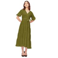 Moomaya Rayon Solid V Yaka Katmanlı Yeşil Olive Green Kadın Elbise