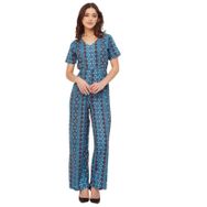 Moomaya Rayon Trendy Tam Bacak Baskılı Şık Mavi Kadın Tulum