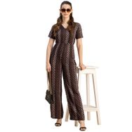 Moomaya Rayon Trendy Tam Bacak Baskılı Siyah Kadın Tulum