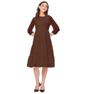 Moomaya Solid Georgette Boho Katmanlı Yuvarlak Yaka Kahverengi Kadın Elbise