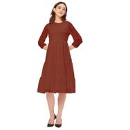 Moomaya Solid Georgette Boho Katmanlı Yuvarlak Yaka Kestane Kadın Elbise