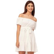 Moomaya Solid Trendy Düşük Omuzlu Suni İpek Büzgülü Beyaz Günlük Kadın Elbise