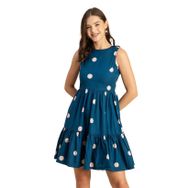 Moomaya Trendy Baskılı Pamuk Kolsuz Katmanlı Sundress Mavi Teal Blue Kadın Elbise