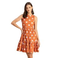 Moomaya Trendy Baskılı Pamuk Kolsuz Katmanlı Sundress Turuncu Kadın Elbise