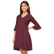 Moomaya Trendy V Yaka Düz Suni Günlük Bordo Kadın Elbise