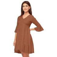 Moomaya Trendy V Yaka Düz Suni İpek Günlük Rust Kadın Elbise