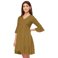 Moomaya Trendy V Yaka Düz Suni İpek Günlük Sarı Mustard Kadın Elbise