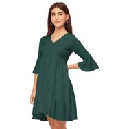 Moomaya Trendy V Yaka Düz Suni İpek Günlük Sümüklü Yeşil Kadın Elbise