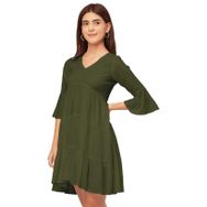Moomaya Trendy V Yaka Düz Suni İpek Günlük Yeşil Olive Green Kadın Elbise