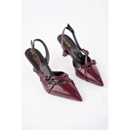 Muggo Michelle Bordo Rugan Garantili Arkası Açık Kemer Detaylı İki Bantlı Rugan Kadın Topuklu Ayakkabı