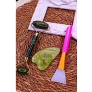 Mujgan 3'lü Cilt Bakım Seti Yeşim Taşı + Gua Sha Masaj Taşı + Beyaz Maske Sürme Aparatı