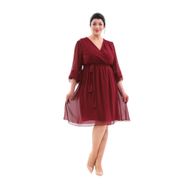 NAZBUTIQ 3086 Bordo Abiye Kruvaze Yaka Kol Uçları Lastikli Midi Boy Abiye Elbise