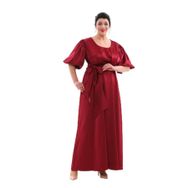 NAZBUTIQ 3094 Saten Yuvarlak Yaka Balon Kol Esnek Kiloş Uzun Bordo Kadın Abiye Elbise