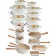 Neoflam Fika Alüminyum Döküm Cam Kapaklı Full Set 30 Parça Krem Tencere Seti