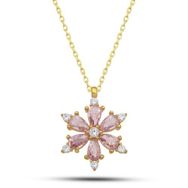 Nereze 925 Ayar Gümüş Gold Kaplama Pembe Taşlı Kamelya Çiçeği Kolye
