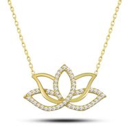 Nereze 925 Ayar Gümüş Gold Zirkon Taşlı Lotus Çiçeği Kolye