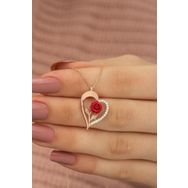 Nereze 925 Ayar Rose Kırmızı Gül Kalp Kadın Gümüş Kolye