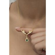 Nereze NRZ998431 Gold Yeşil Damla Taşlı Tasarım 925 Ayar Gümüş Kolye