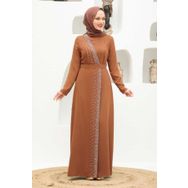 Neva Style 32150TB Boncuk İşlemeli Taba Tesettür Abiye Elbise