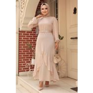 Neva Style 4566BEJ Volanlı Bej Tesettür Abiye Elbise