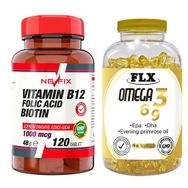 Nevfix Vitamin B12 Folic Acid 120 Tablet ve Flx Omega 3-6-9 90 Tablet Bitkisel Besin Desteği