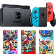 Nintendo Switch Neon Red Blue + Super Mario Odyssey + Mario Rabbids + Mario Card 8 Deluxe